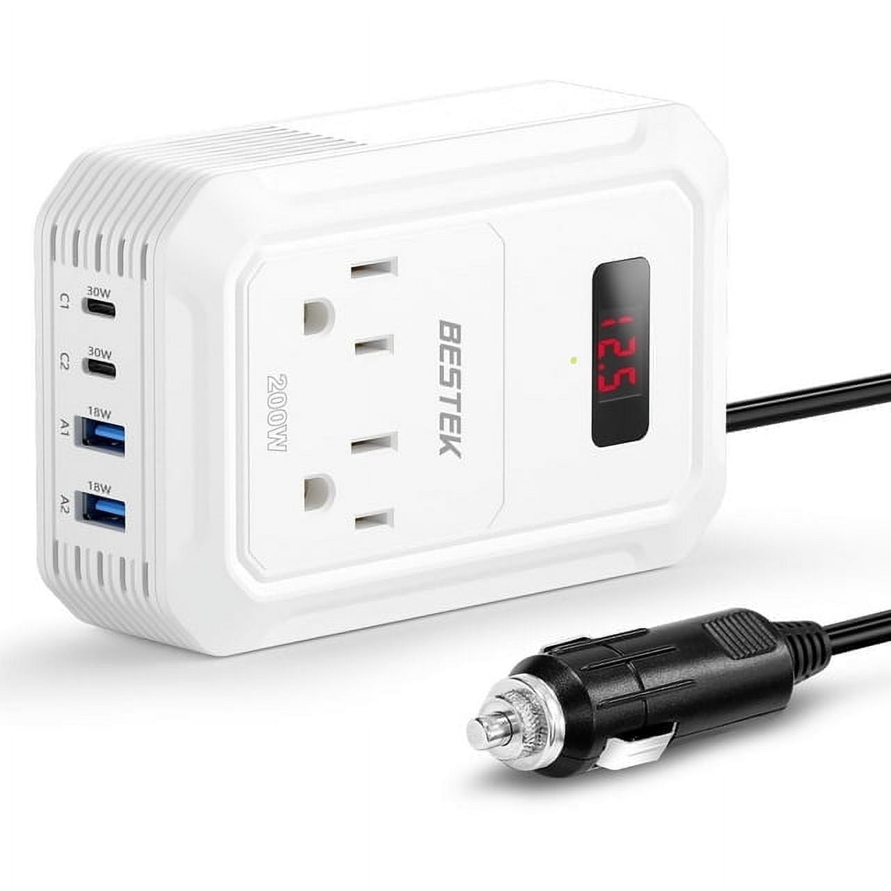 BESTEK 200W Power Inverter DC 12V to 110V AC Inverter with 2 USB-C(30W) and 2 USB-QC(18W) Car Adapter